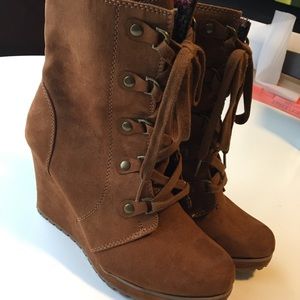 JustFab camel wedge lace-up boots!